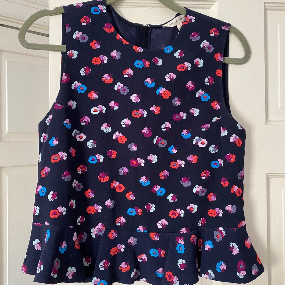 Rebecca Taylor Navy Floral Peplum Top